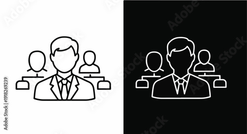 Line drawing of a businessman with three colleagues in a simple, minimalist style on a white and black background.