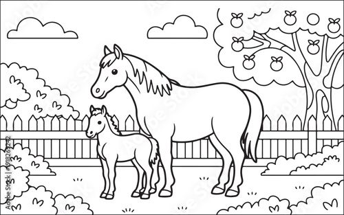 A mother horse and her young foal stand together in a fenced outdoor field with an apple tree