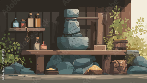 Rustic wooden shelf displays bottles, stones, plants, and sacks of goods