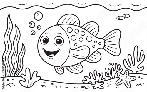 Happy cartoon fish swims underwater among sea plants and bubbles, awaiting color