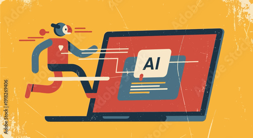 Retro style futuristic ai robot sprinting toward computer screen in distressed design