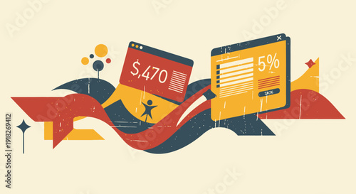 Retro financial dashboard with currency and percentage indicators in abstract design