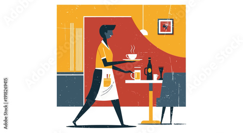 Stylish waiter serving coffee in mid century modern cafe setting