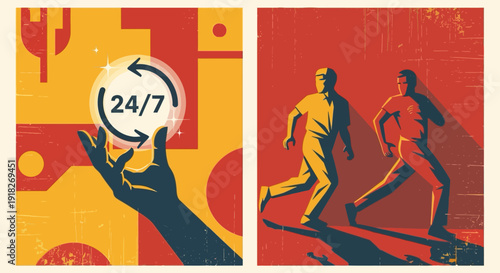 Retro dynamic duo chasing adventure with 24/7 availability