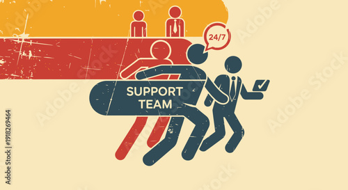Retro grunge style support team design with 24/7 customer assistance