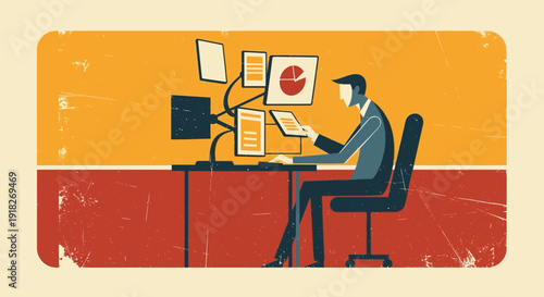 Retro styled businessman analyzing data on multiple screens