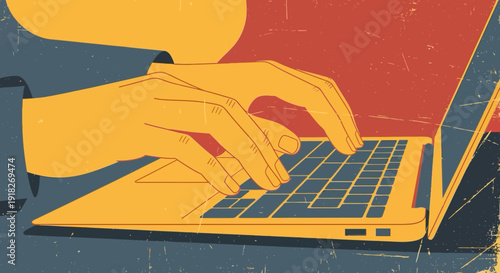 Retro style hands typing on laptop keyboard