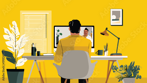 Person on video call in a bright yellow home office with plants