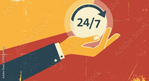 Retro style 24/7 service concept with hand holding clock icon on abstract background