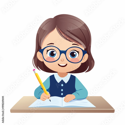 Fillette écrivant dans un cahier – scène d’apprentissage et de concentration