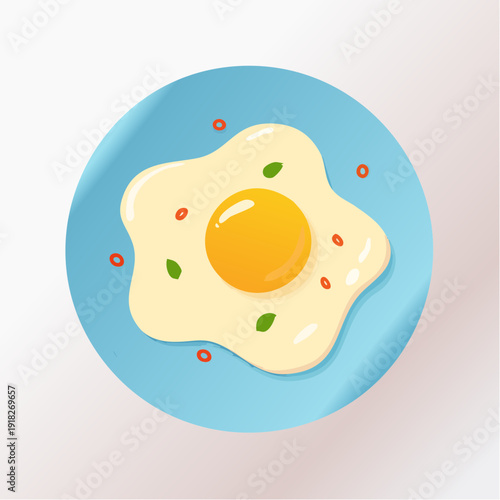 Œuf au plat stylisé sur assiette bleue – illustration alimentaire