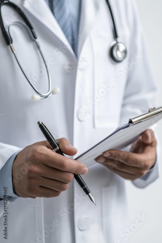 close up of doctor standin with pen and medical recods in hand on white backgrund.