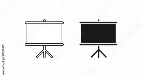 Two projector screens on stands, one outlined and one filled with black, against a white background.