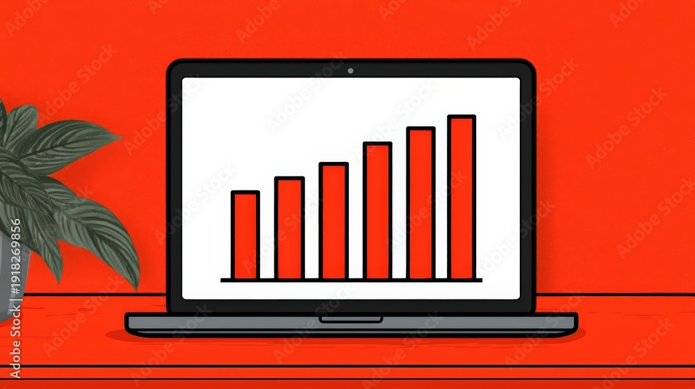 Obraz premium A laptop displays a rising bar graph on screen, set against a vibrant red background with a plant on the left side.