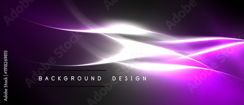 Abstract purple light streaks over black background. Modern design elements create dynamic visual effect. Text reads background design.