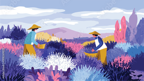 Farmers in traditional hats harvest colorful flowers in a surreal, stylized landscape under a cloudy sky