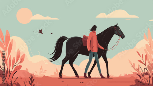 A person in a red jacket leads a dark horse through a stylized landscape with birds
