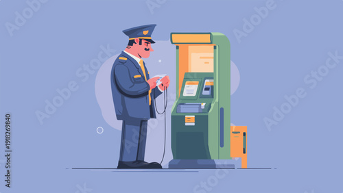 Official in uniform interacts with automated service machine