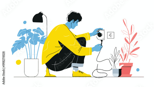 Flat illustration of a person plugging in a lamp, surrounded by potted plants