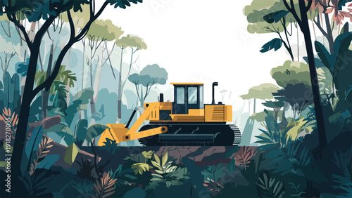 A yellow bulldozer clearing foliage in a lush, dense forest
