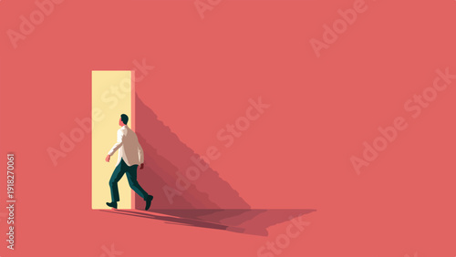 A man walks through a doorway casting a long shadow on a salmon pink background