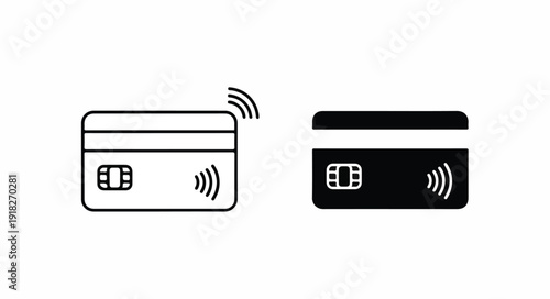 Black and white line icons of contactless payment cards with wireless signals on a plain white background.