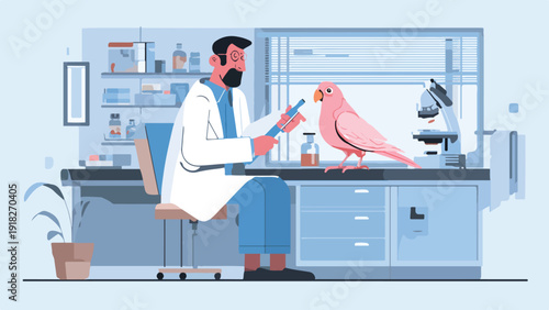 A scientist in a lab coat examines a pink parrot with a clipboard, surrounded by scientific equipment