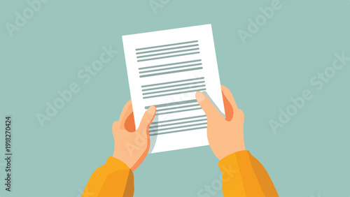 Hands holding a document with text lines against a teal background