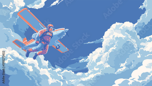 A skydiver in a red suit leaps from a small plane amidst fluffy clouds under a clear blue sky