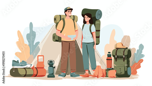 Two campers with gear and tent, surrounded by abstract foliage