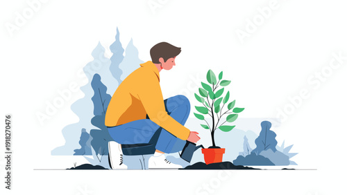 A person waters a potted plant in a minimalist, stylized landscape setting
