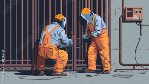 Two welders in orange protective gear, working on a metal gate with sparks flying