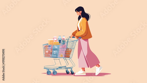 Woman with shopping cart filled with groceries walking