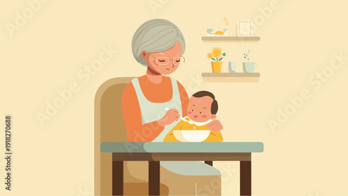 Gentle grandmother feeding a happy baby from a bowl at a table
