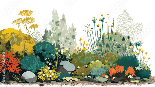 A vibrant, stylized depiction of a lush garden bed overflowing with diverse flora