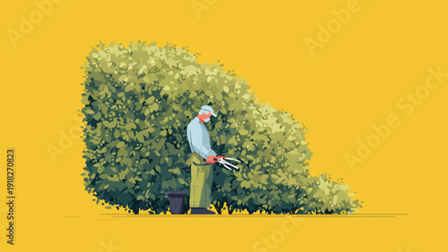 Person with shears trims a large, leafy bush against a solid yellow background