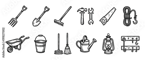 Collection of hand-drawn garden and construction tools in a vintage sketch style, including a shovel, rake, hammer, saw, wheelbarrow, watering can, and lantern icons