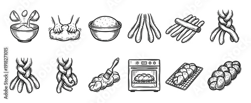 Hand-drawn sketch icons illustrating the process of making braided bread from scratch, showing kneading, rising, braiding, and baking steps in a vintage engraving style