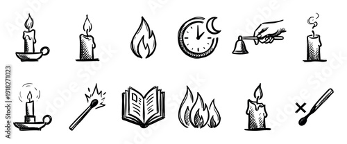 Hand-drawn black and white icon set featuring candles, flames, an open book, and a clock, rendered in a charming vintage doodle style with a sketchy, monochrome aesthetic