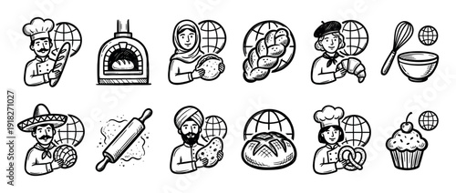 Hand-drawn bakery and pastry icon set featuring diverse international chefs, global bread varieties, a brick oven, and baking tools in a black and white sketch illustration style