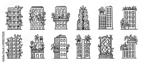 Hand drawn doodle building icons with plants and flowers, a cute set of urban architecture sketches with greenery, vines, and balcony gardens for eco-friendly city concepts