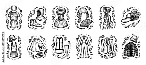 Set of twelve vintage clothing illustrations depicting historical fashion through the ages, from antiquity to modern times, in a detailed black and white hand-drawn engraving style