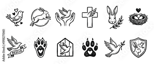 Hand-drawn animal rescue and spiritual icon set featuring birds, rabbits, paw prints, and a cross in a black and white sketch style for charity or faith-based designs