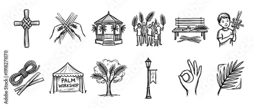 Set of hand-drawn black icons depicting a palm festival with a woven cross, workshop tent, people celebrating, and various craft elements in a simple sketch doodle style