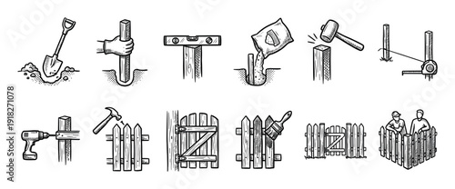 Hand-drawn fence building instruction icons set shows a step-by-step DIY guide for backyard construction, from digging holes and pouring concrete to nailing and painting the pickets