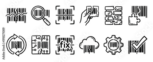 Collection of hand-drawn barcode icons showing various states like damage, scanning, fixing, and validation in a simple black and white doodle style for business concepts