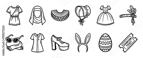 Collection of hand-drawn doodle icons representing historical costumes, modern fashion, and event accessories like a tunic, hijab, ruff collar, bonnet, dress, and Easter egg