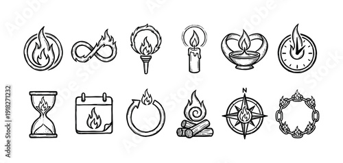 Collection of hand-drawn fire icons symbolizing concepts of time, eternity, passion, and guidance in a black and white doodle sketch illustration set
