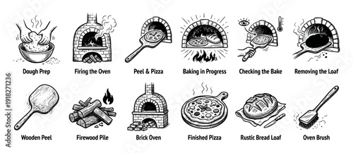 Set of twelve black and white illustrations showing the process of baking pizza and bread in a traditional wood-fired brick oven, including dough prep, tools, and finished food