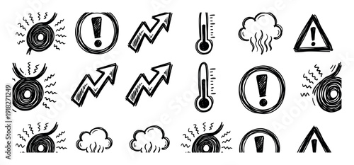 Hand-drawn black and white doodle icons representing warning, high temperature, and rising risk, including exclamation marks, thermometers, upward arrows, and steam symbols in a rough sketch style